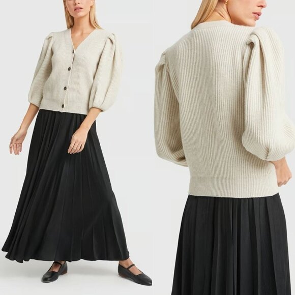 G. Label by GOOP Foster Ribbed Puff Sleeve Cardigan Sweater Ivory Merino Wool - Picture 2 of 11